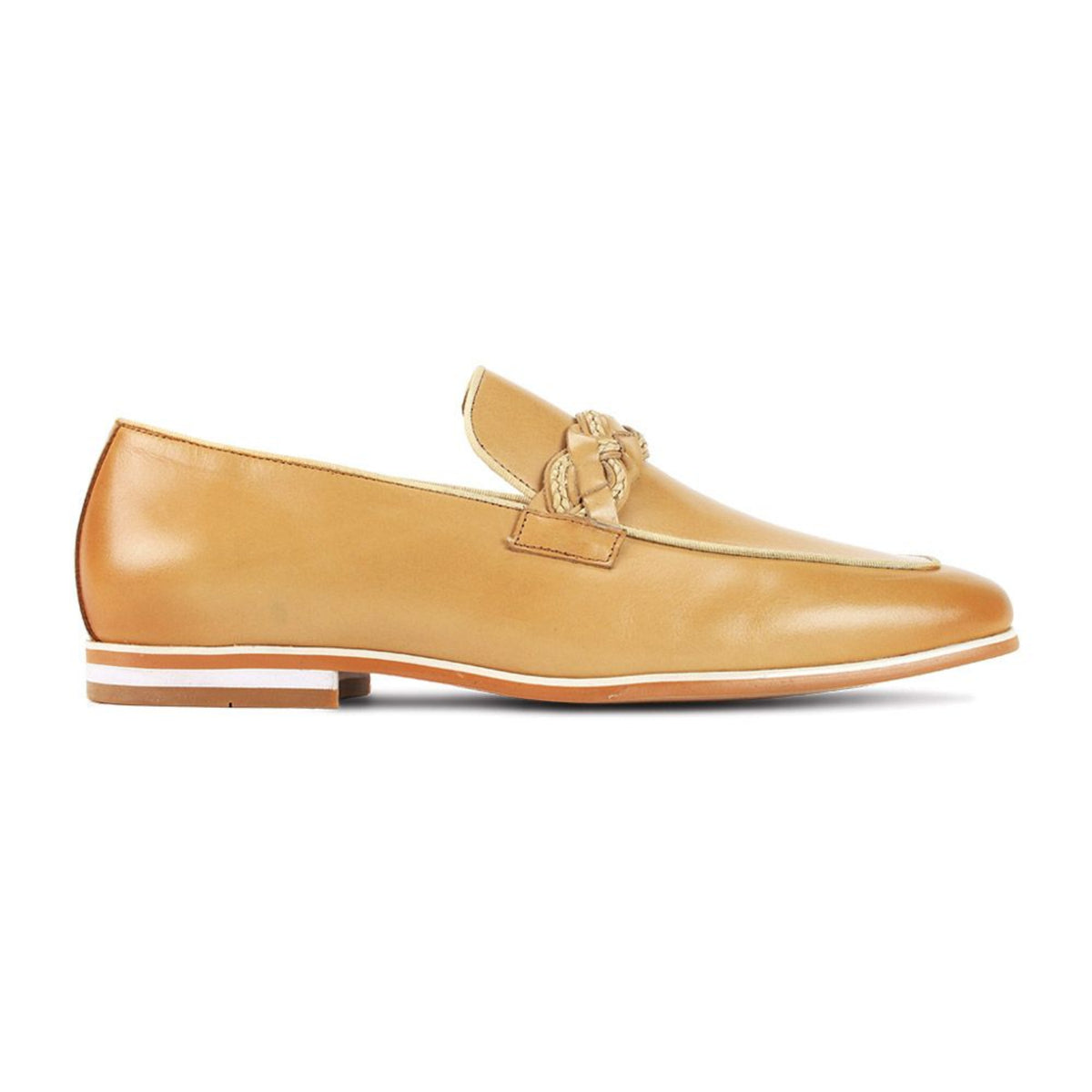 latte moc toe leather slip-on shoe with woven strap side view