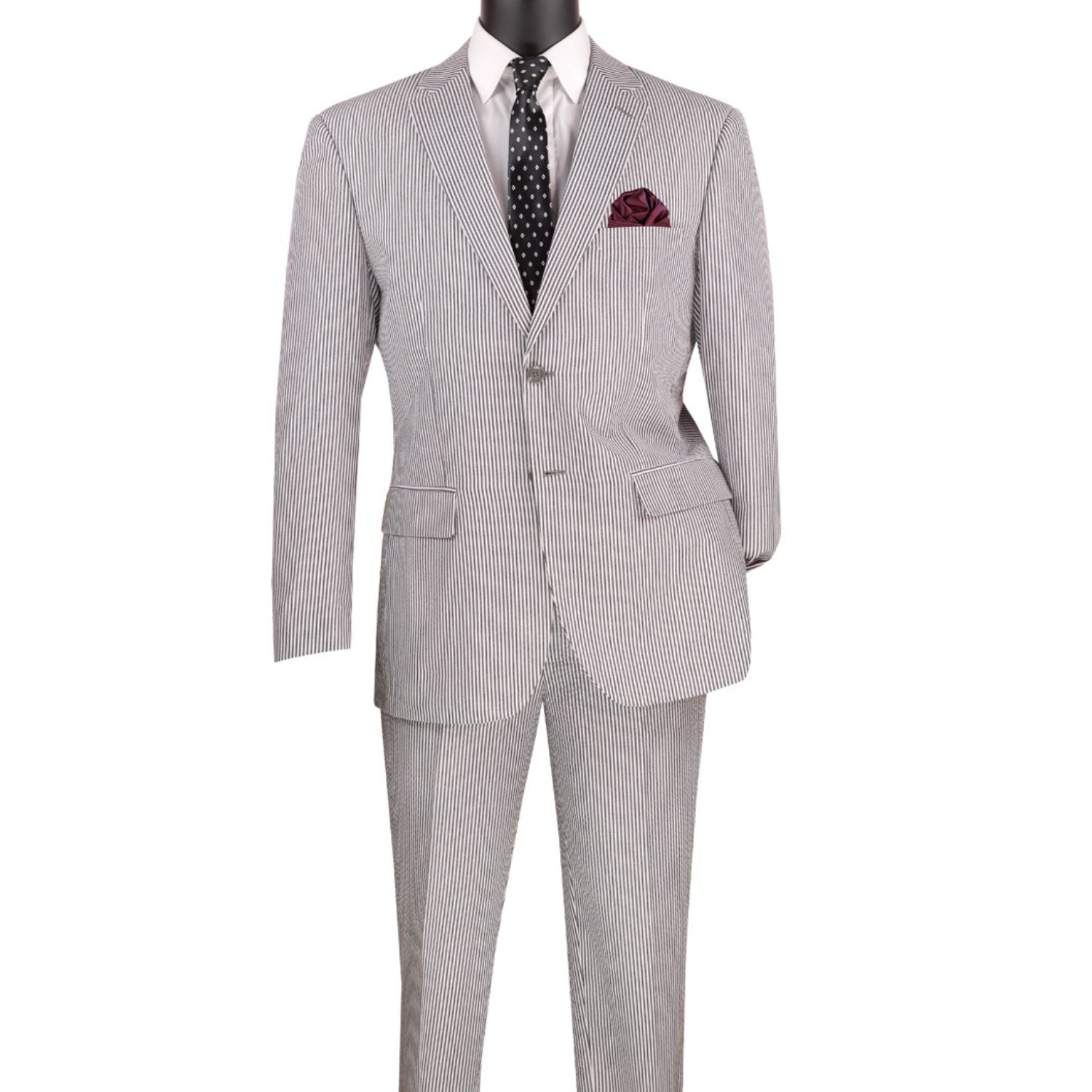 Men's black seersucker stripe modern fit 2-piece suit with adjustable waistband