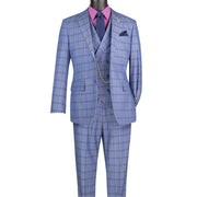 Blue 3-Piece Windowpane Plaid Modern Fit Suit with Adjustable Waistband