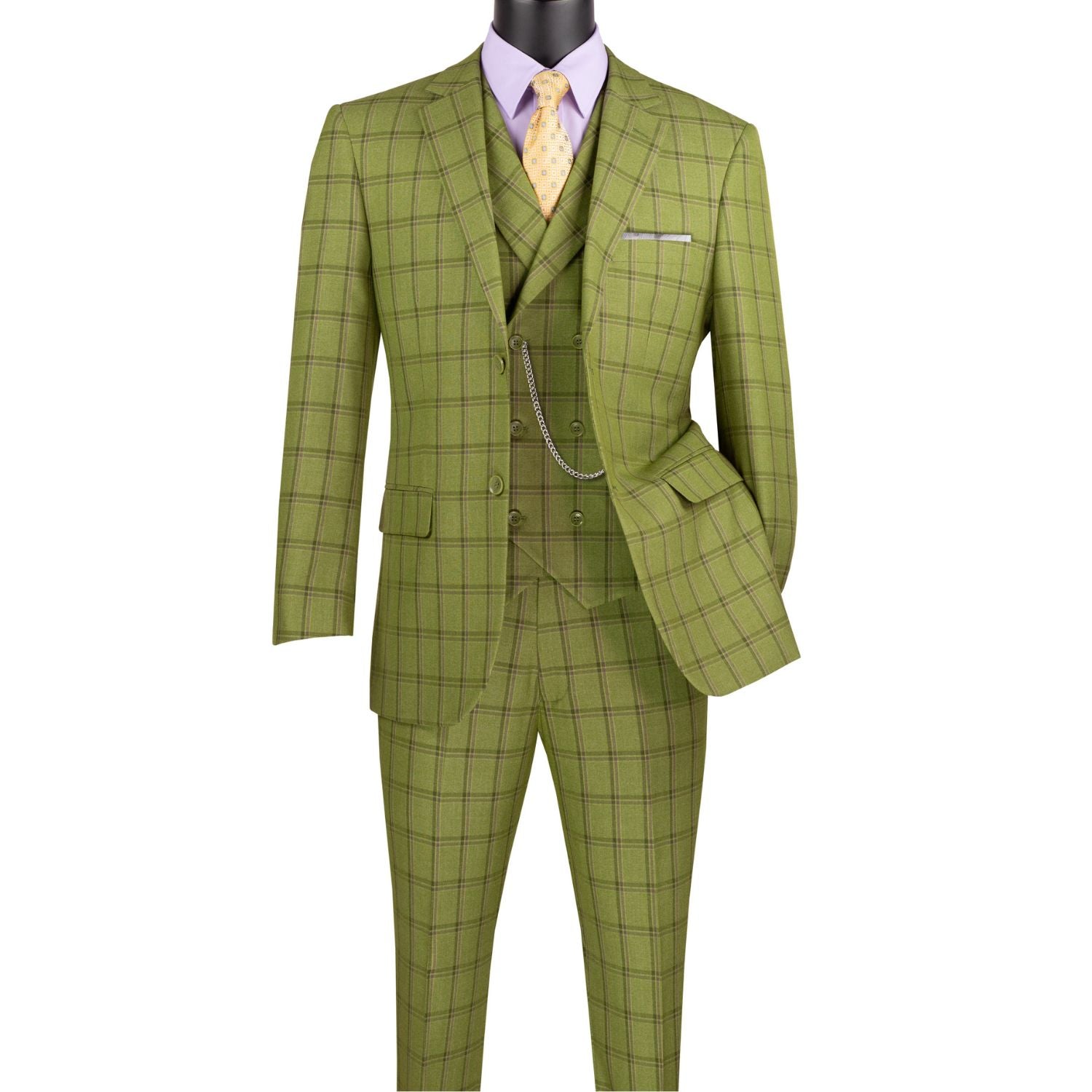 Men's moss green windowpane plaid 3-piece modern fit suit with double-breasted vest