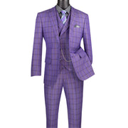 Purple 3-Piece Windowpane Plaid Modern Fit Suit with Adjustable Waistband