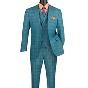 Teal 3-Piece Windowpane Plaid Modern Fit Suit with Adjustable Waistband