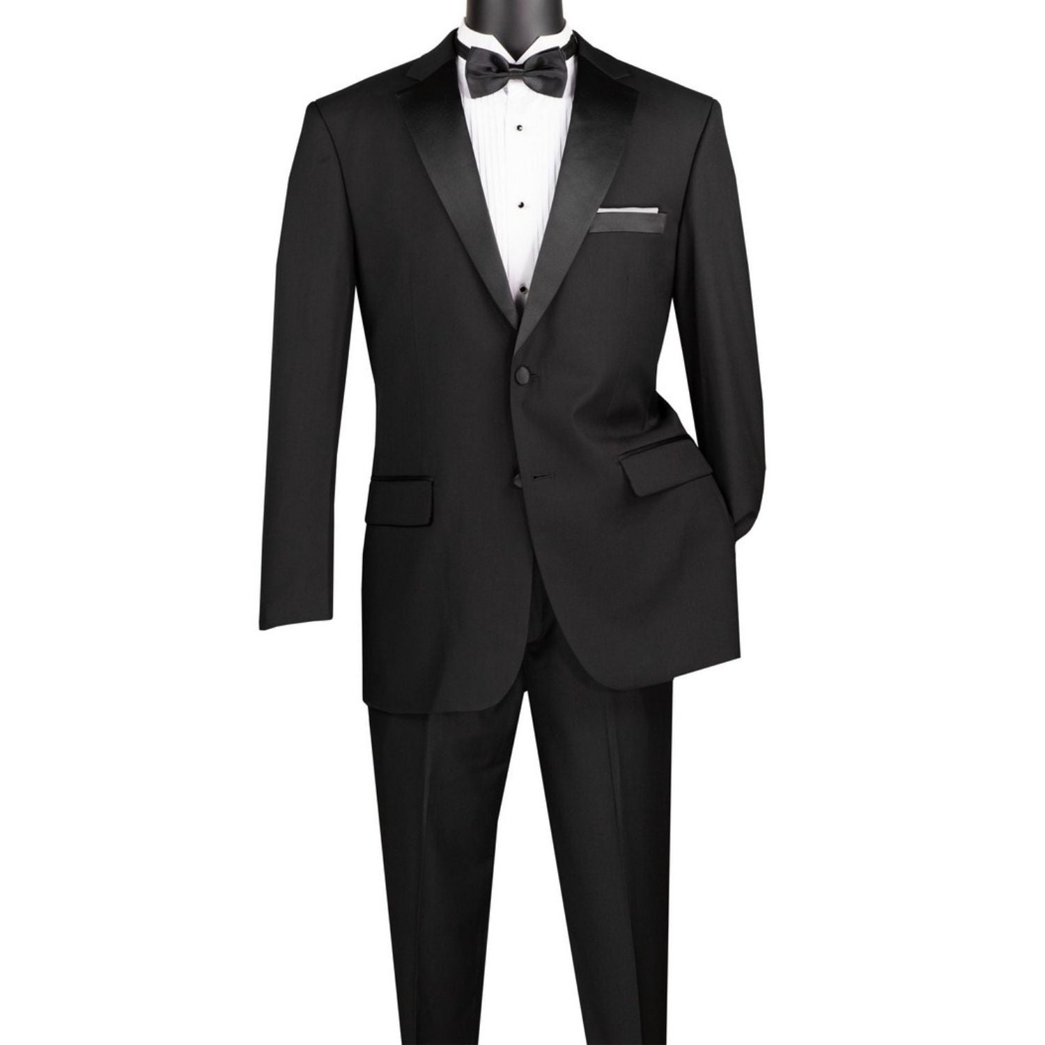 Men's black 2-piece single breasted tuxedo with satin trim pants
