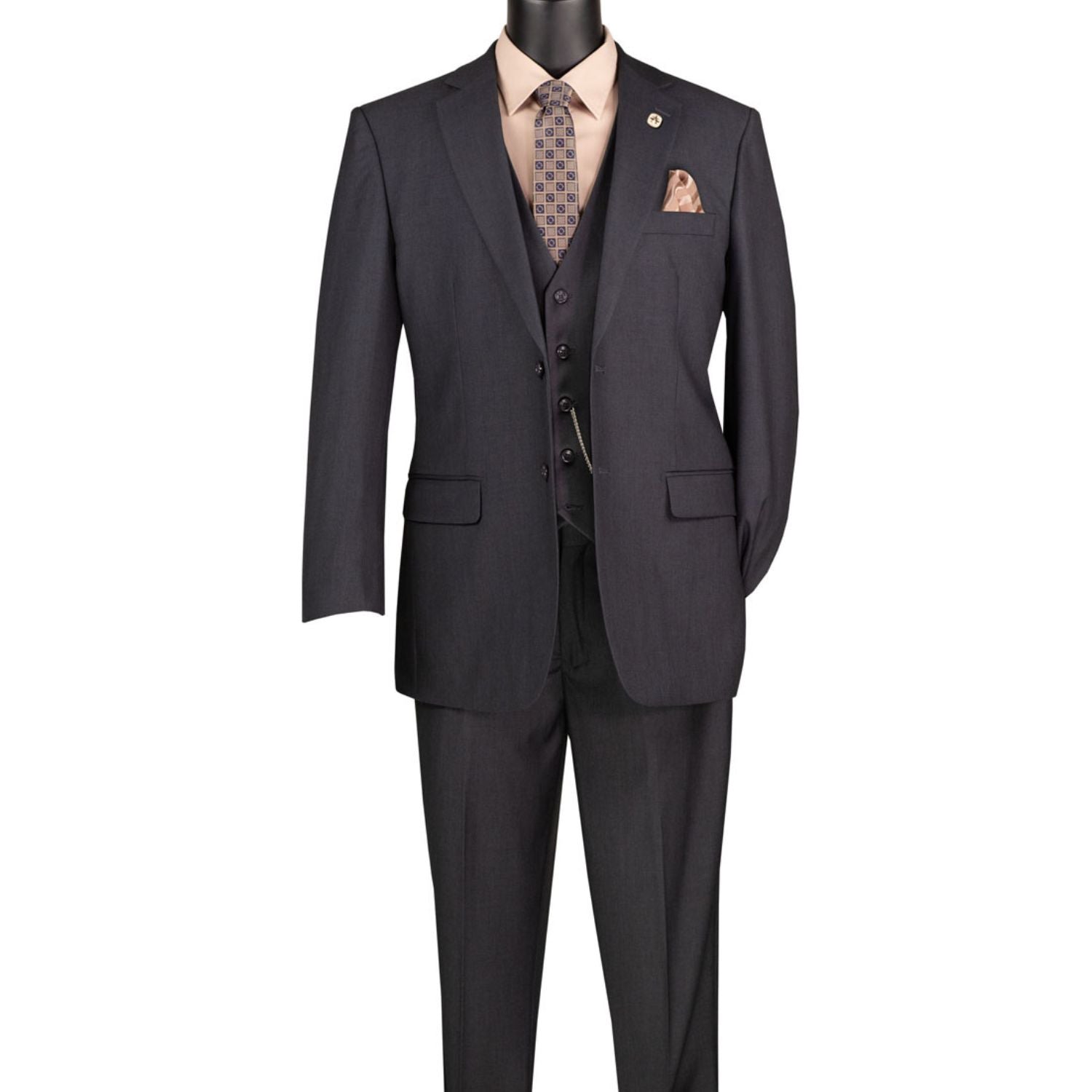 Men's heather gray 3-piece regular fit suit with single-breasted vest and adjustable waistband