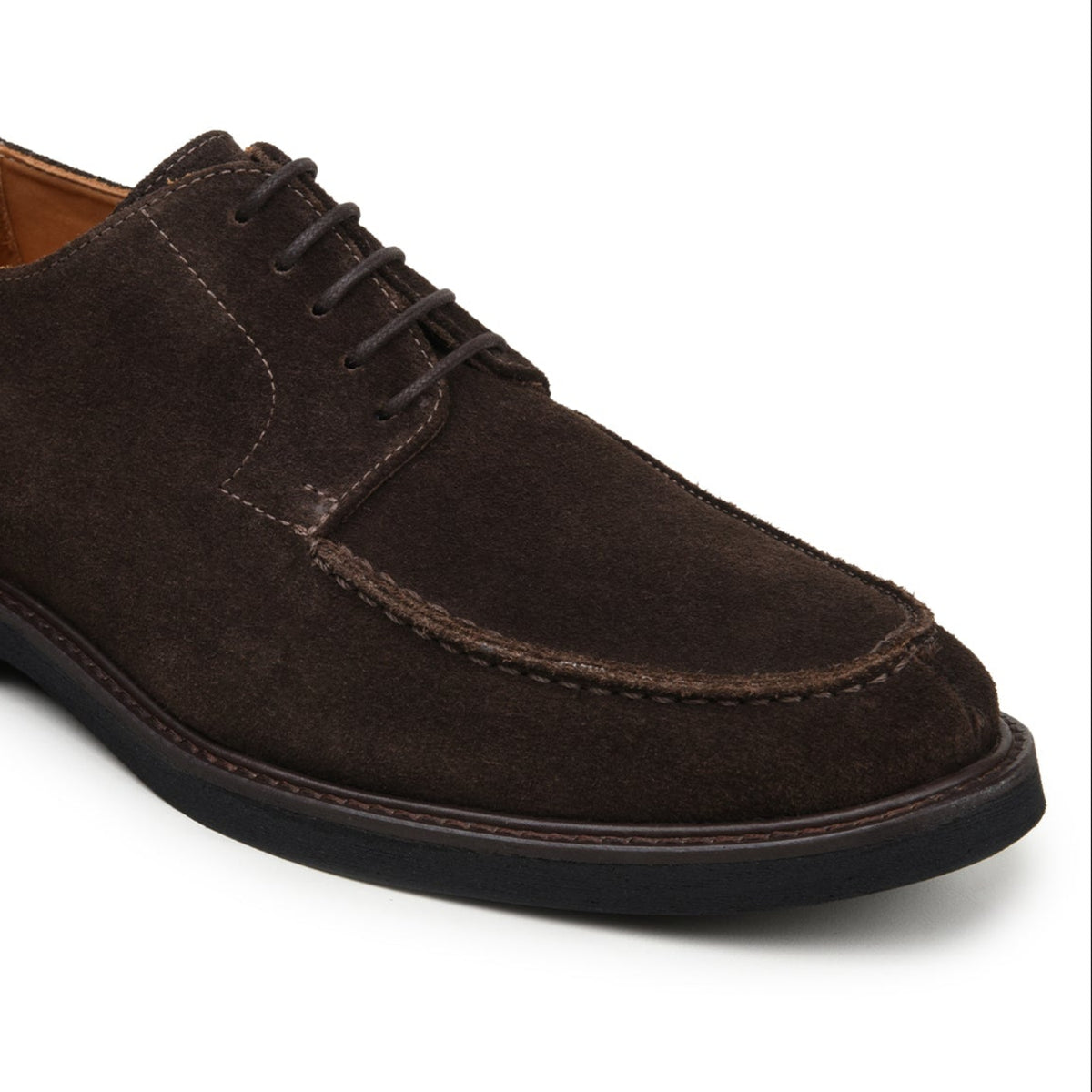 Angled view of chocolate brown Italian suede Derby shoe