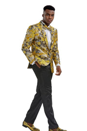 Floral Shawl Collar Single-Breasted Blazer with Bow Tie - Gold