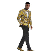 Floral Shawl Collar Single-Breasted Blazer with Bow Tie - Gold by Tazzio