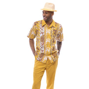 Gold Botanical Print Short Sleeve Walking Suit Set - Classic Fit