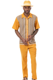 Montique 2 Piece Short Sleeve Walking Suit with Symmetrical Argyle Design - Gold