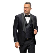 Men’s 3-Piece Fancy Lace Tailored Fit Tuxedo with Double Breasted Vest - Black