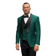 Men’s 3-Piece Fancy Lace Tailored Fit Tuxedo with Double Breasted Vest - Hunter Green