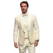 Men’s 3-Piece Fancy Lace Tailored Fit Tuxedo with Double Breasted Vest - Off-White