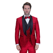 Men’s 3-Piece Fancy Lace Tailored Fit Tuxedo with Double Breasted Vest - Red