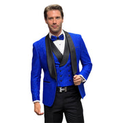 Men’s 3-Piece Fancy Lace Tailored Fit Tuxedo with Double Breasted Vest - Sapphire