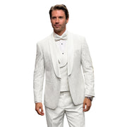 Men’s 3-Piece Fancy Lace Tailored Fit Tuxedo with Double Breasted Vest - White