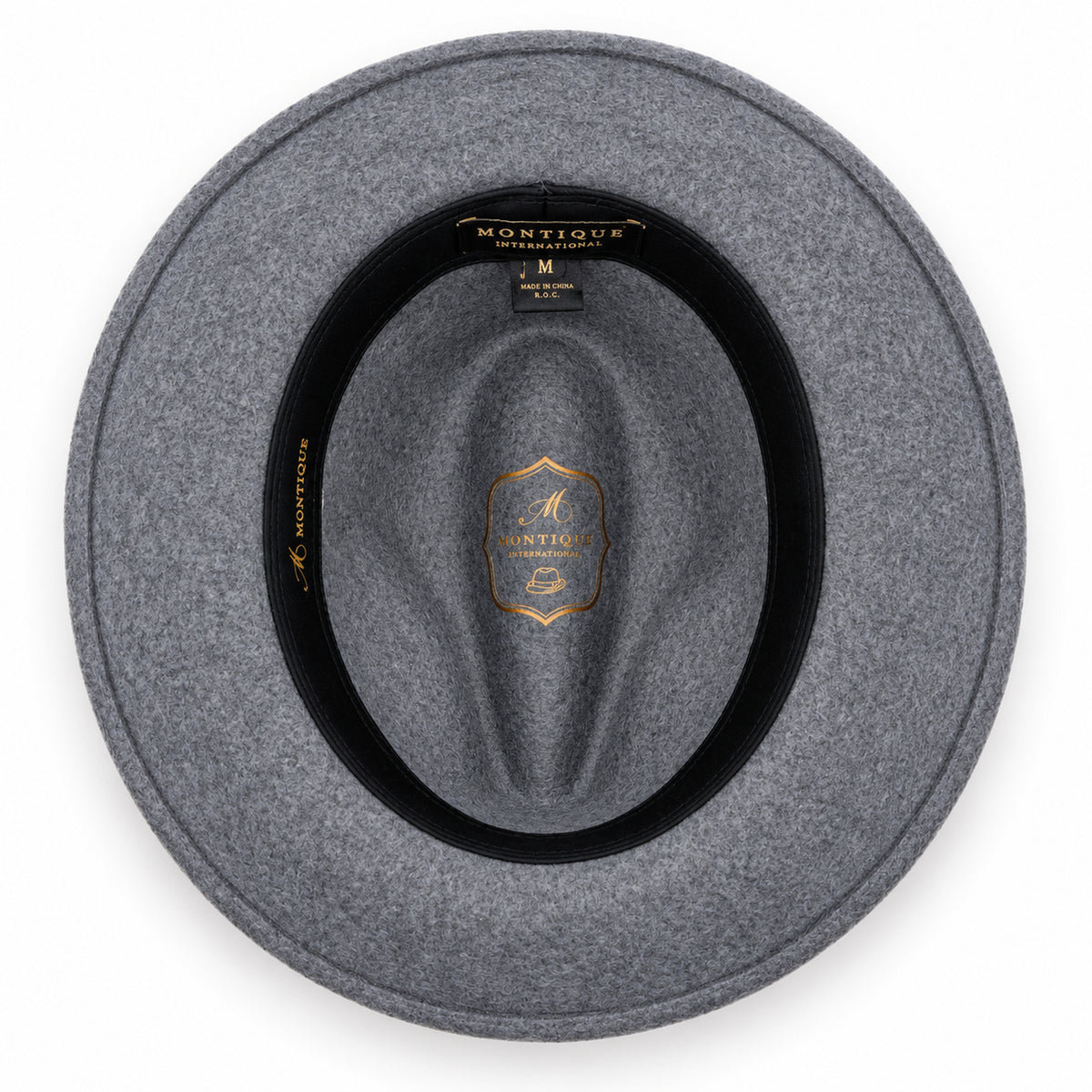 Grey Lightfelt wide brim wool felt pinch crown fedora hat by Montique interior view with branded lining and black sweatband