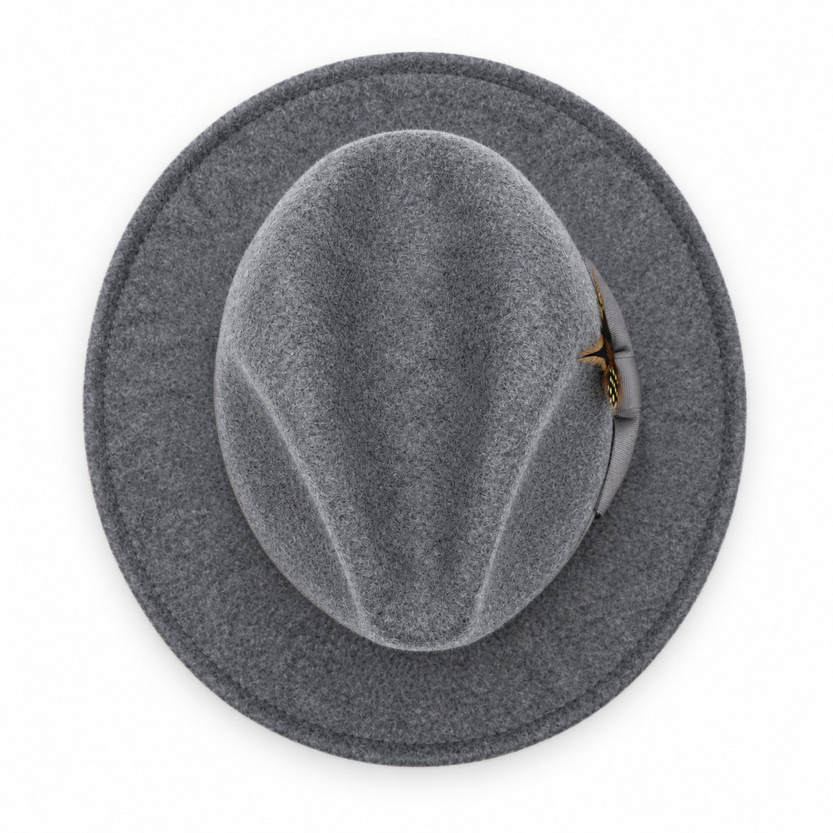 Grey Lightfelt 2 1/2 inch wide brim wool felt pinch crown fedora hat by Montique top view with feather accent