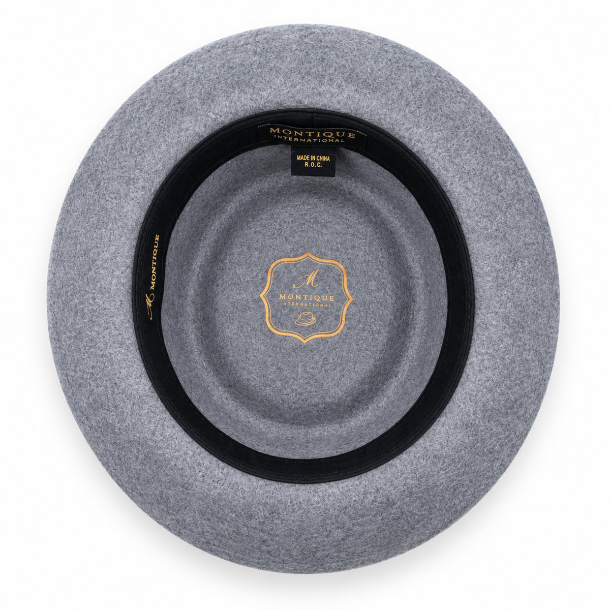 grey pork pie wool felt hat by Montique interior view with branded lining and black sweatband