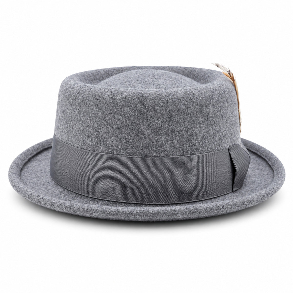 grey pork pie wool felt hat by Montique front view with grosgrain bow and multicolor feather accent