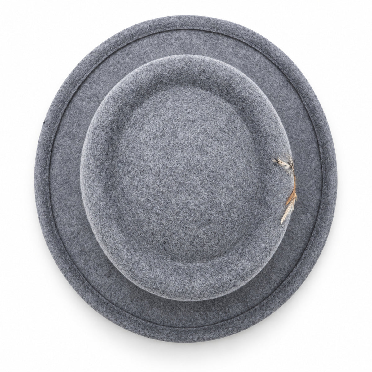 grey pork pie wool felt hat by Montique top view with wide brim and feather accent