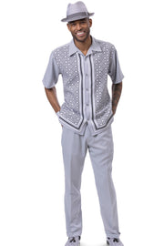 Montique 2 Piece Short Sleeve Walking Suit with Symmetrical Argyle Design - Grey