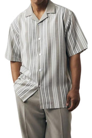 Grey 2 Piece Vertical Stripe Short Sleeve Walking Suit