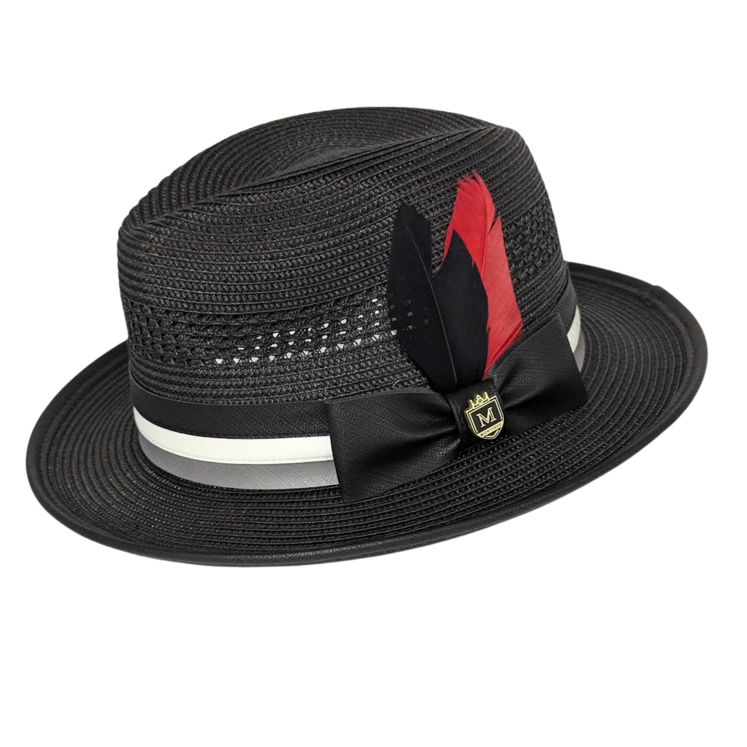 Black fedora hat front view with black bow, red and black feathers, white accent stripe, and Montique pin