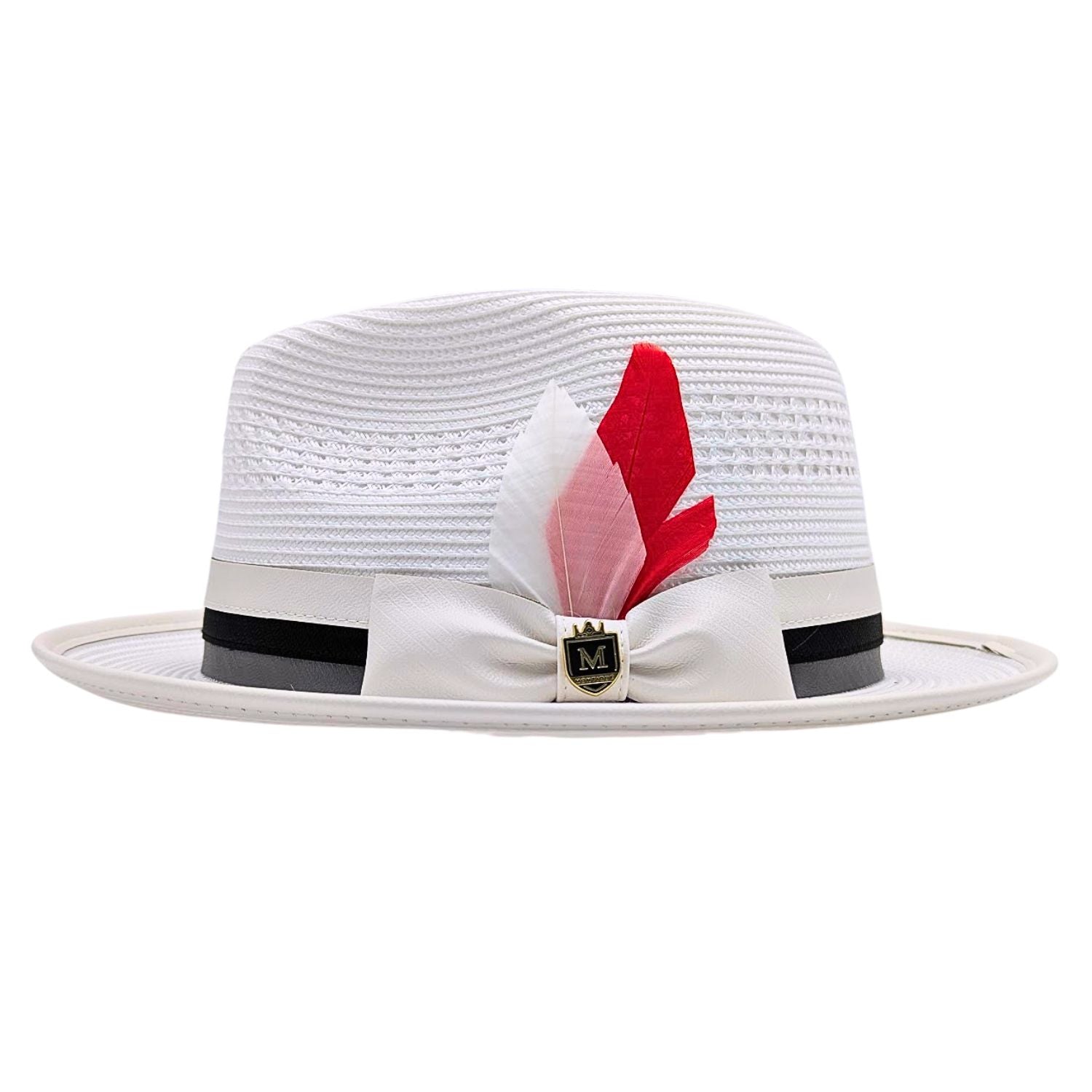 White fedora hat side view with white bow, black accent stripe, red and white feathers, and Montique pin