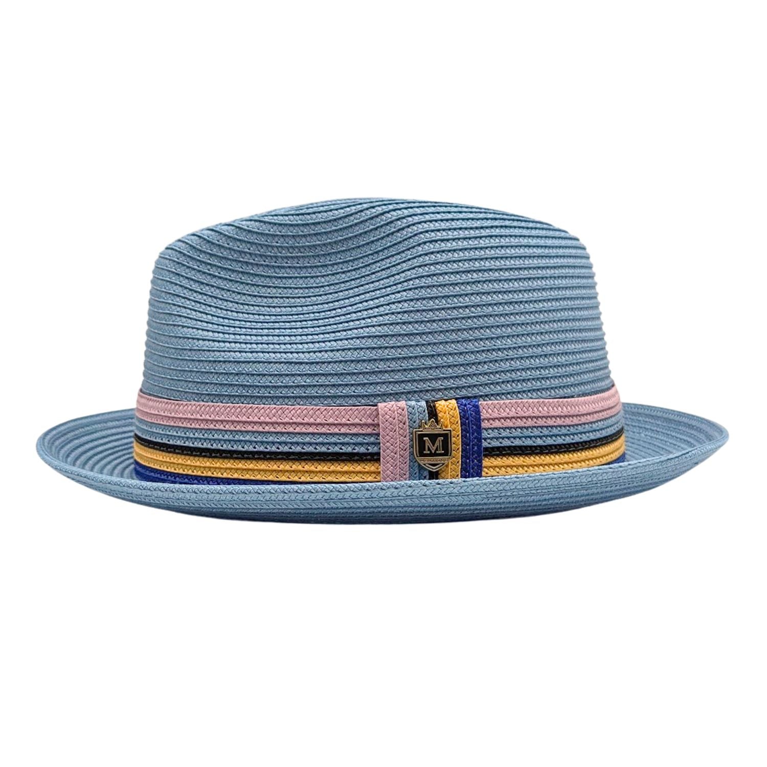 Carolina blue fedora hat side view with multicolor striped band, woven crown, and Montique pin