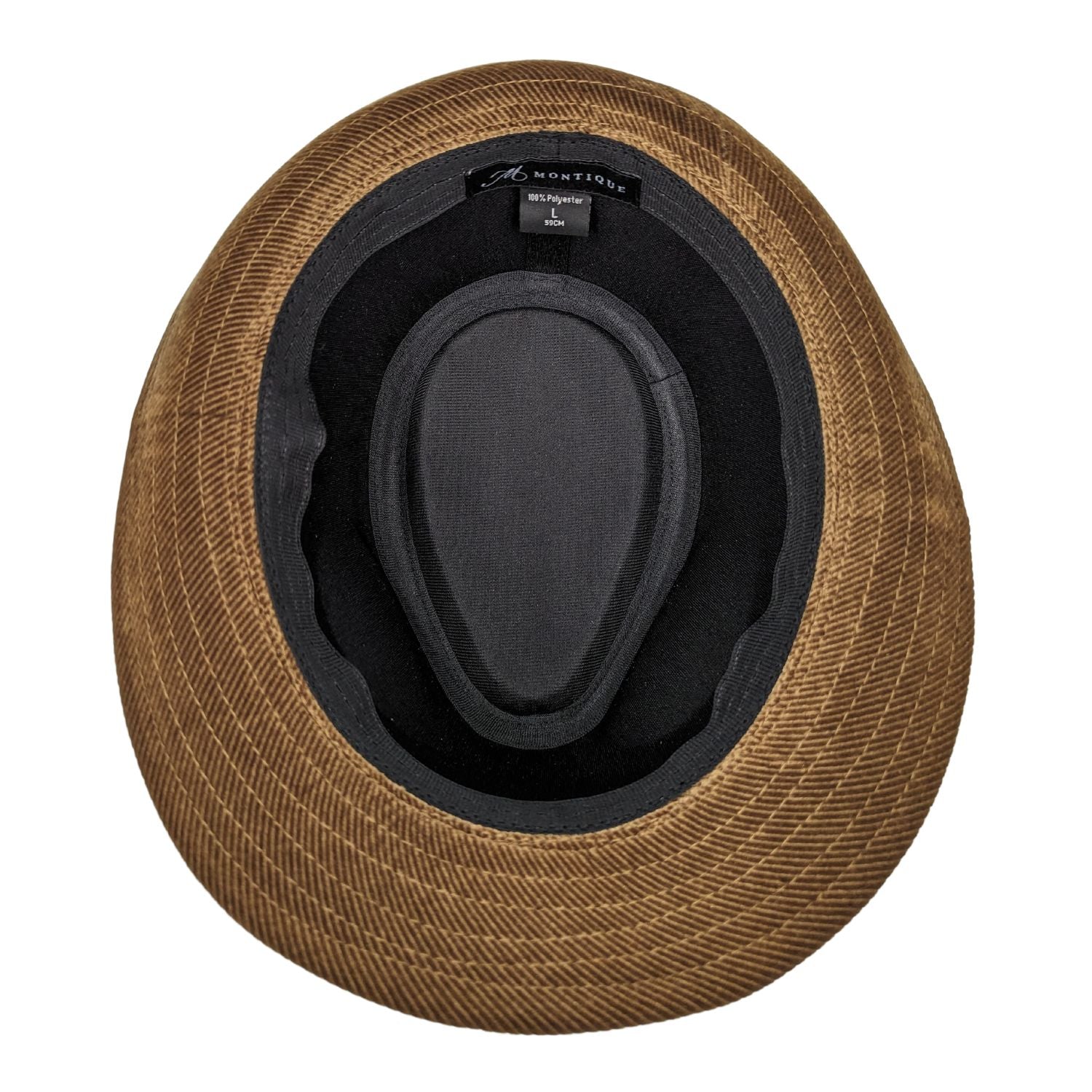 Interior view of fedora hat showing unlined construction