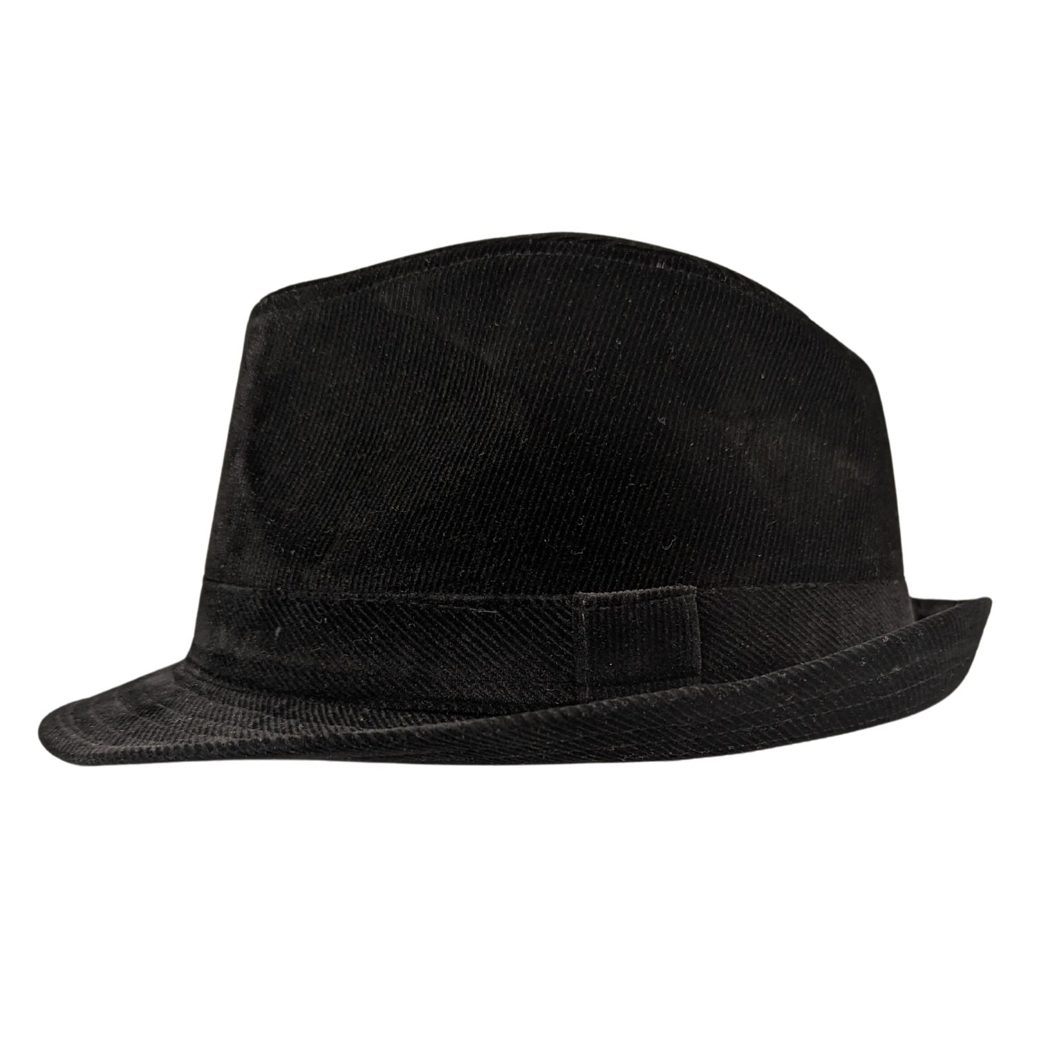 Side view black corduroy fedora hat with narrow brim