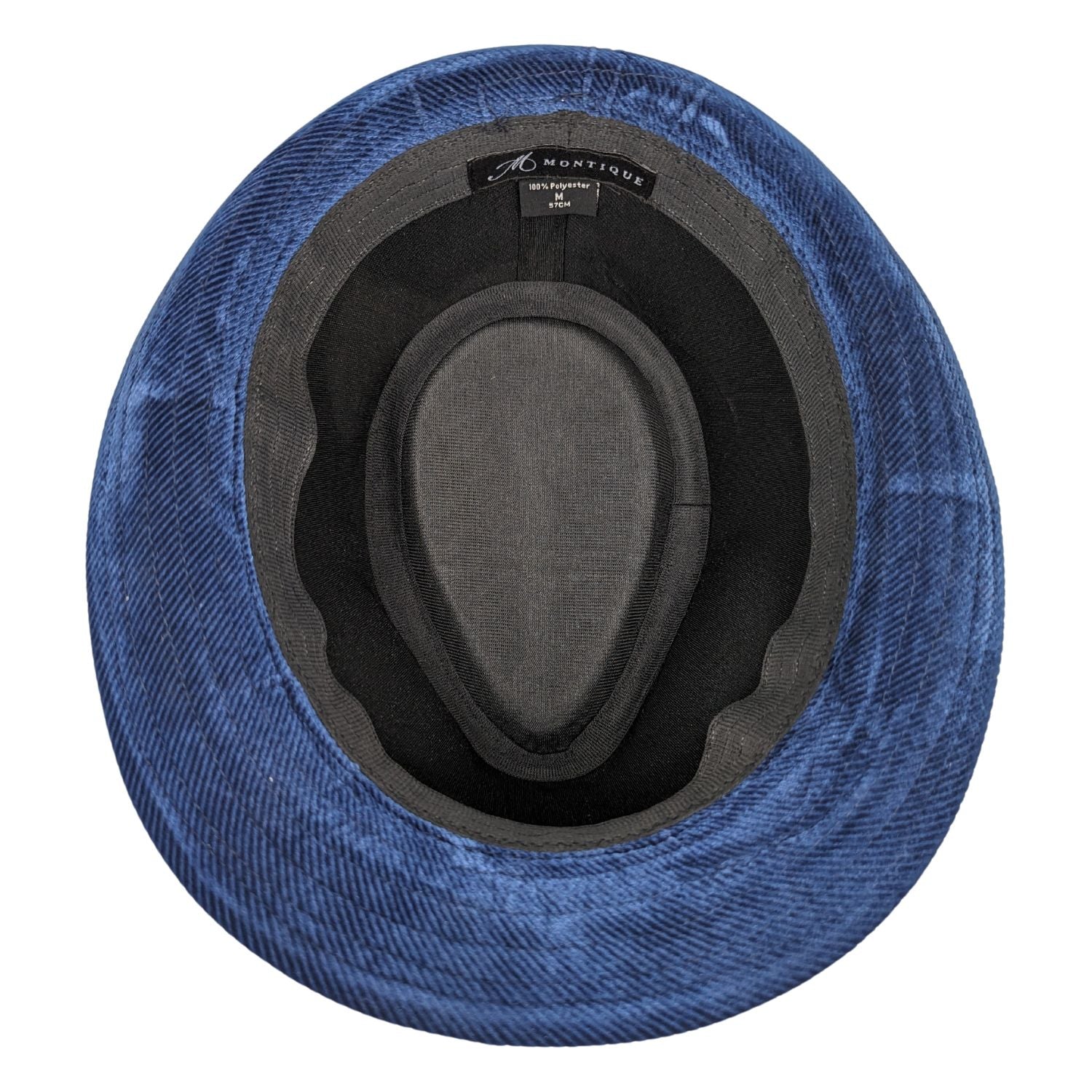 Inside sweatband and crown of cobalt corduroy fedora hat