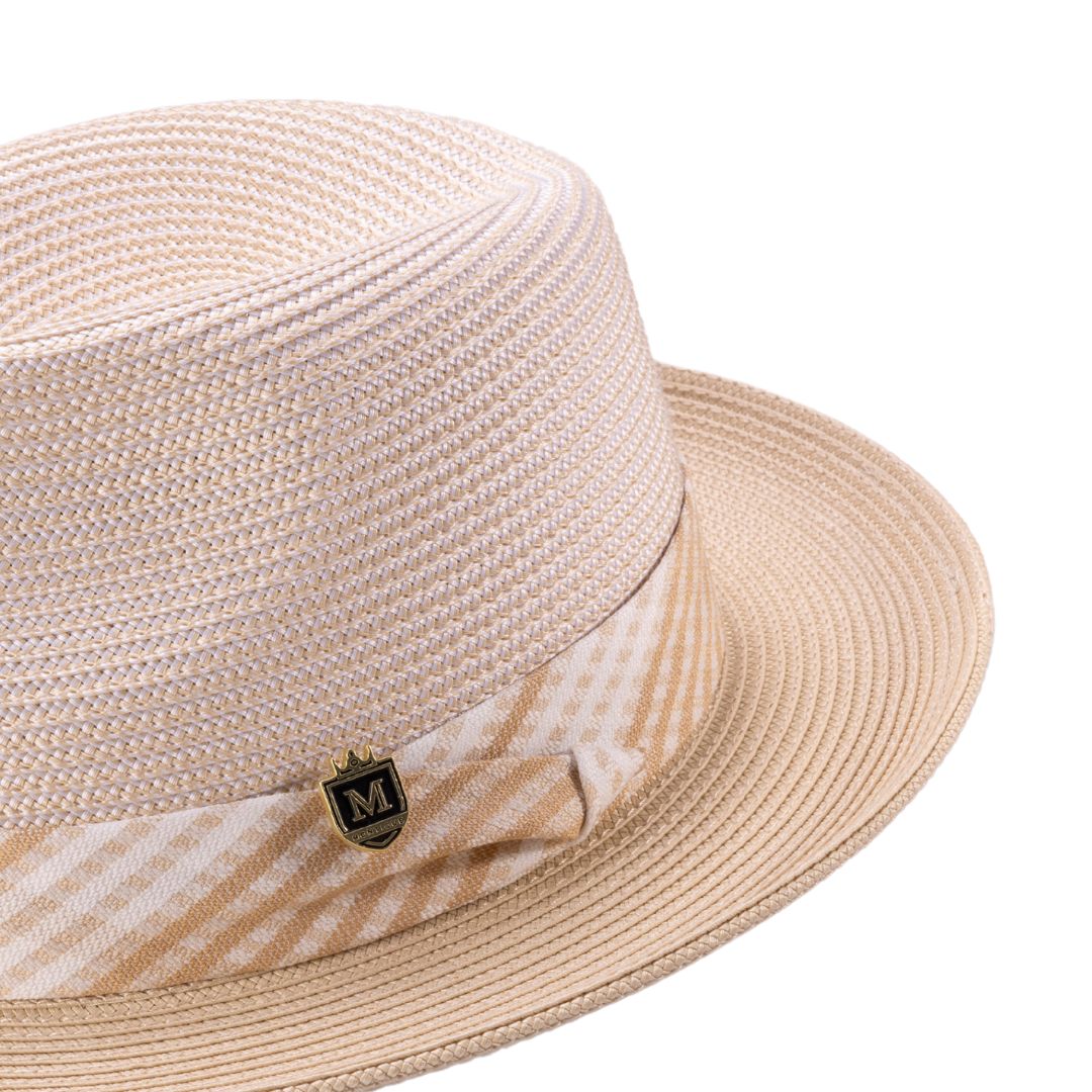 Beige Montique fedora hat with 2.5 inch brim and woven texture