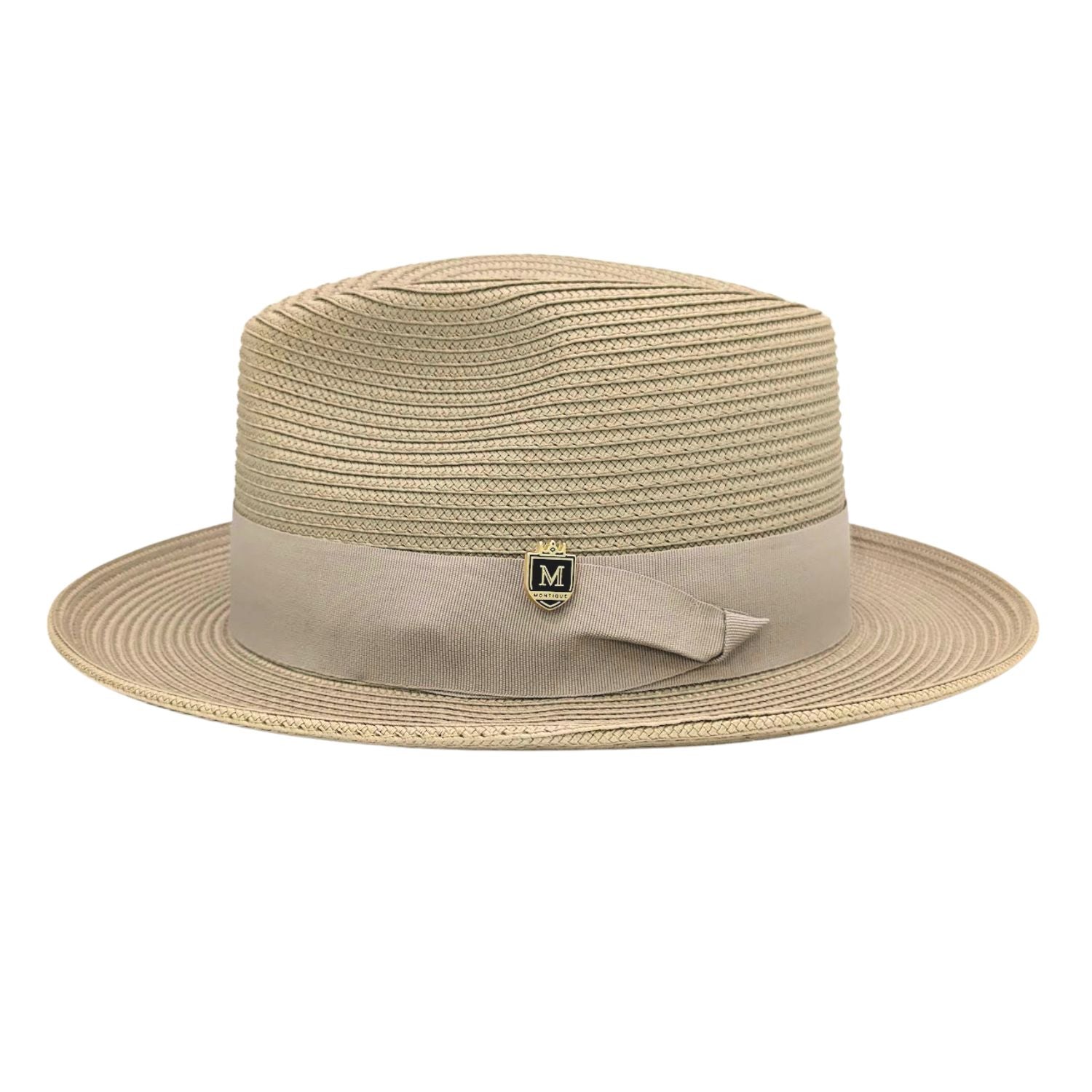 khaki straw fedora hat side view with matching ribbon band, structured crown, wide brim, and logo pin