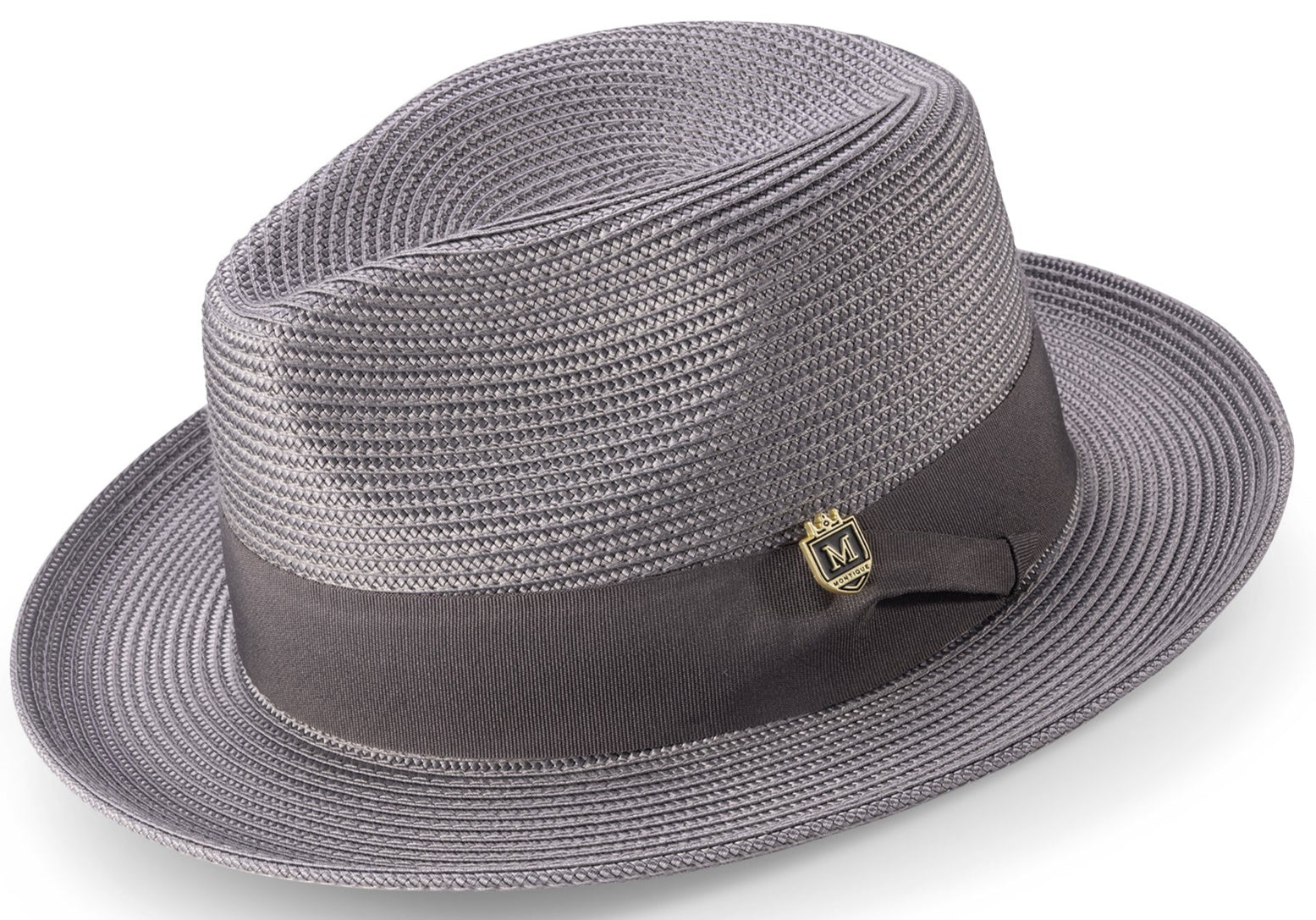 grey braided wide brim pinch crown fedora with grosgrain ribbon band
