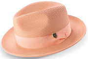 Peach Braided Wide Brim Pinch Crown Fedora Hat with Matching Grosgrain Ribbon