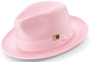 Pink Braided Wide Brim Pinch Crown Fedora Hat with Matching Grosgrain Ribbon