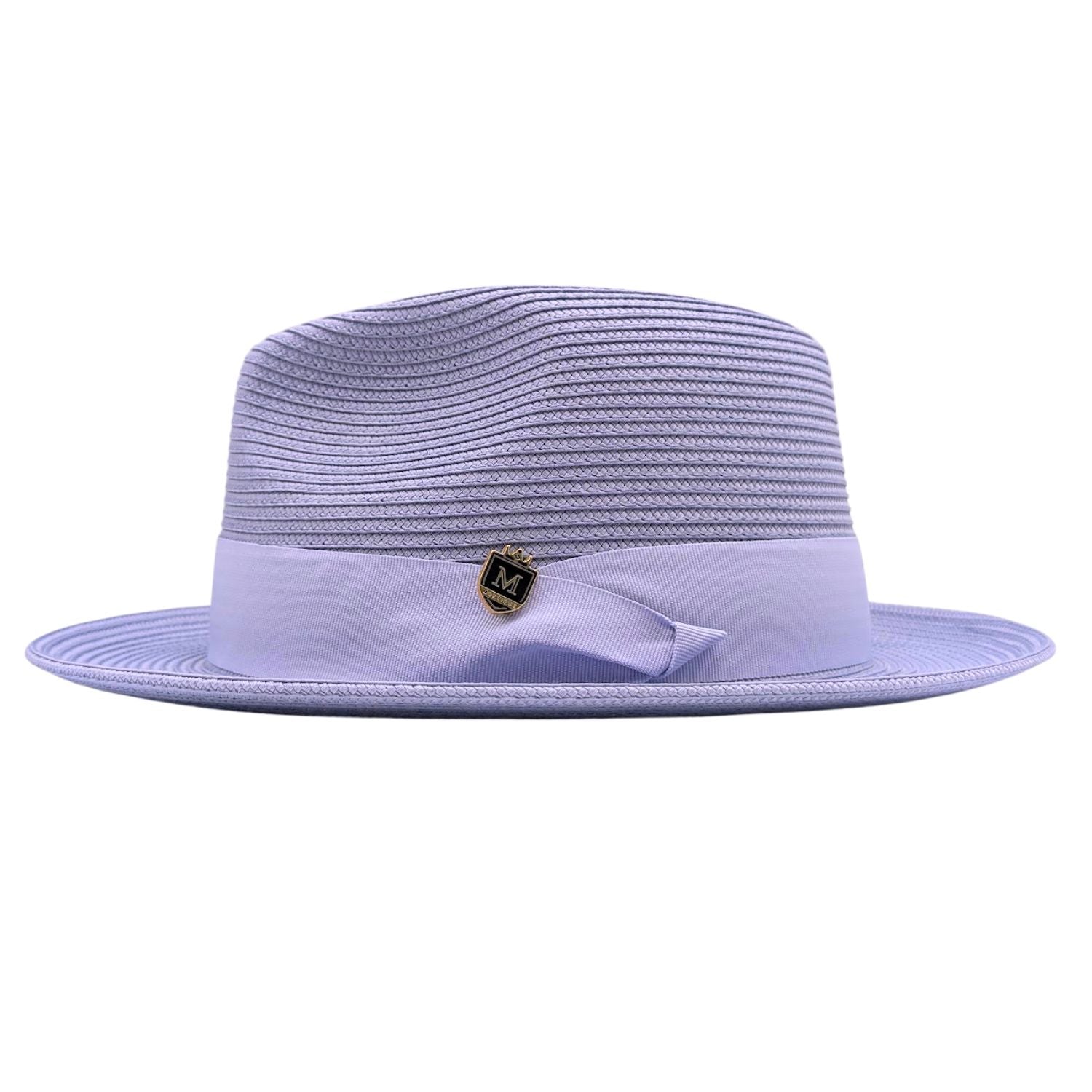 Lilac Montique fedora hat side view with wide brim, matching ribbon band, bow detail, and gold Montique pin