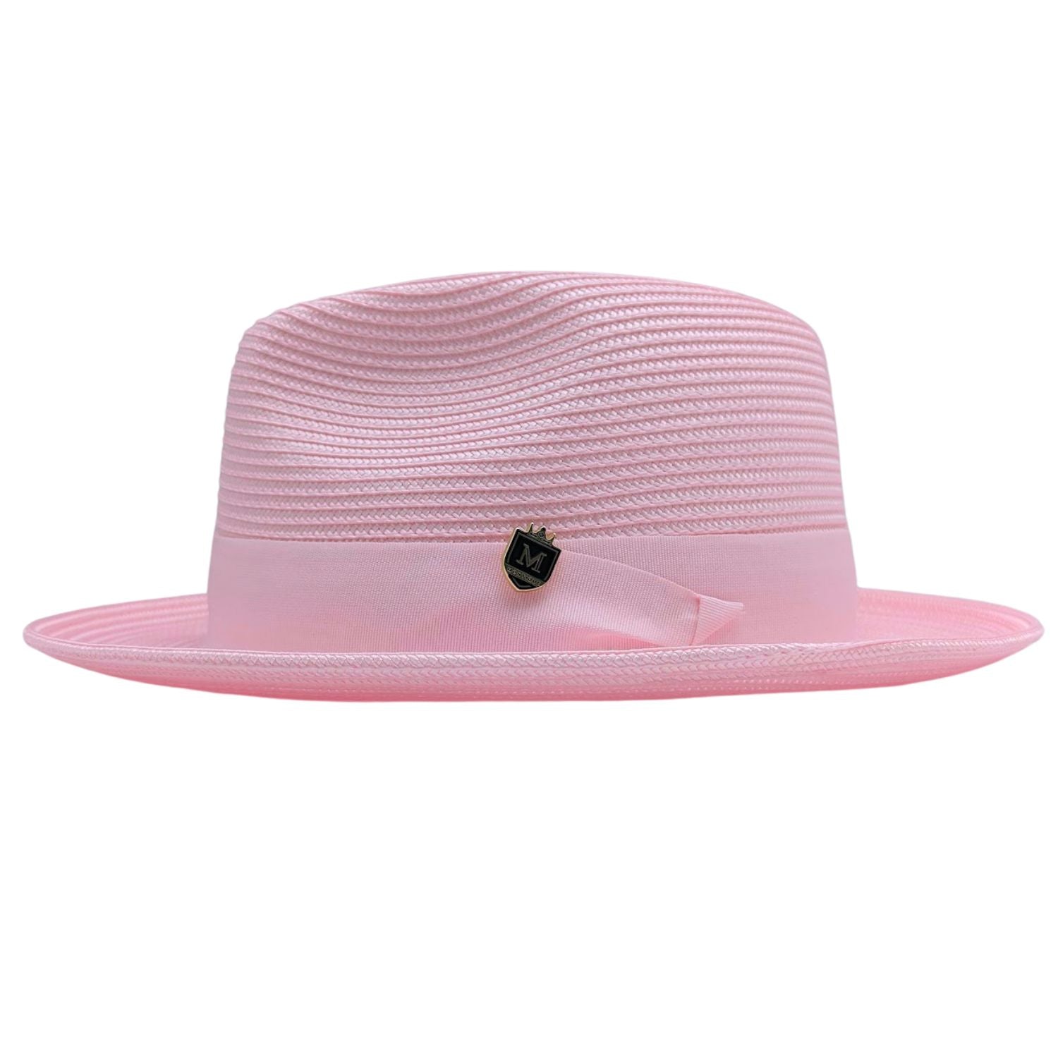 Pink Montique fedora hat front view with matching ribbon band, side bow, logo pin, and structured brim