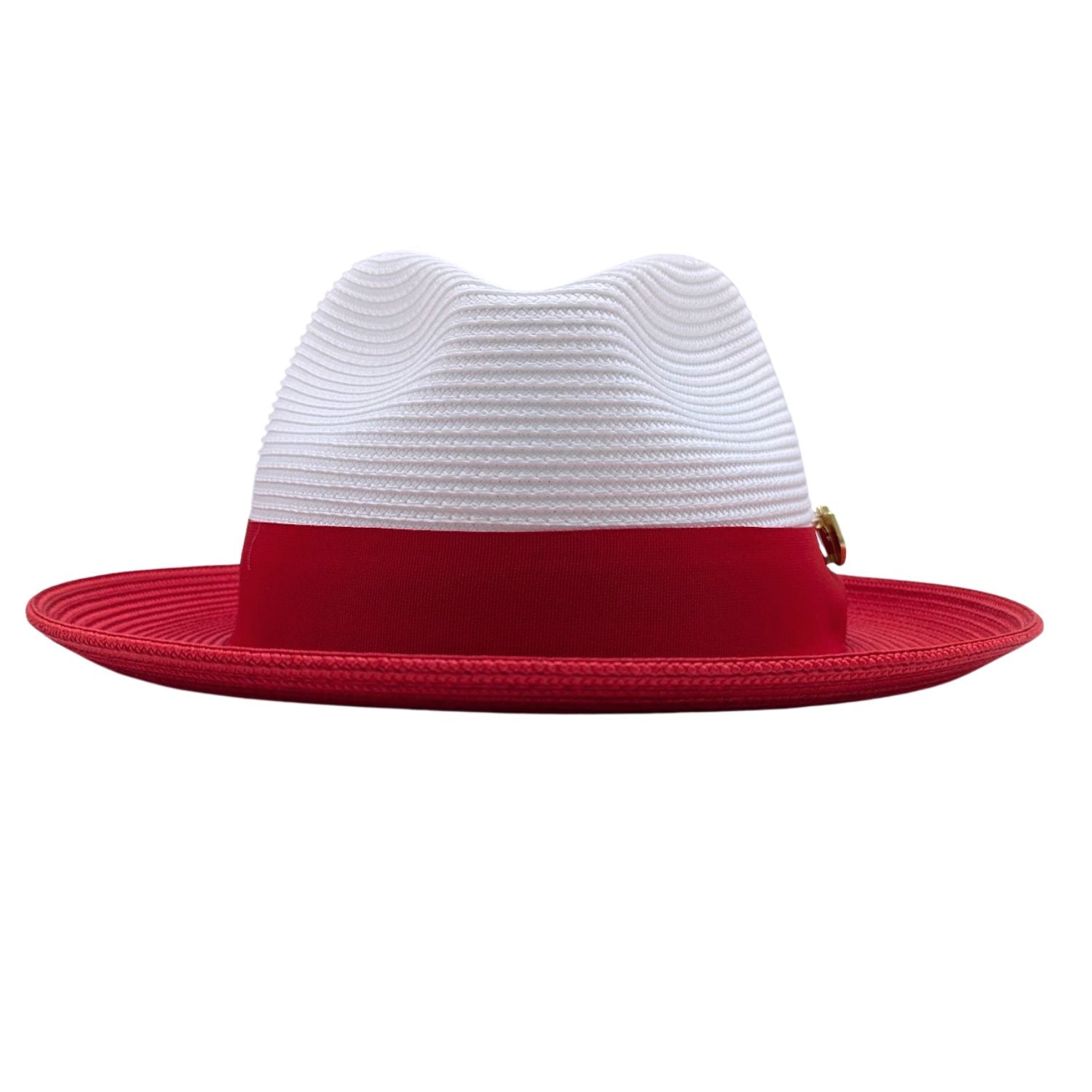 Red and white Montique fedora hat front view with white woven crown, red band, and matching red brim