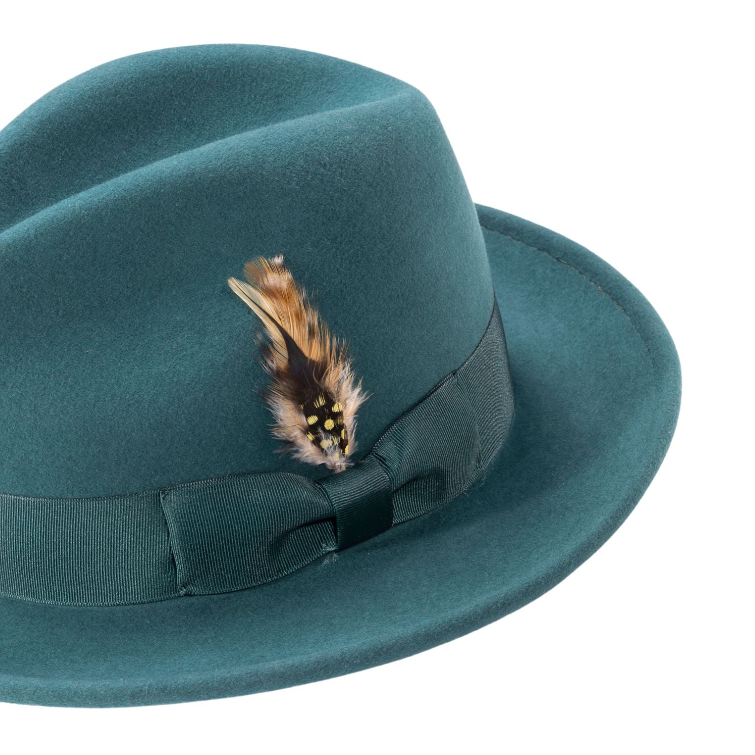 emarald felt fedora pinch crown hat with feather detail
