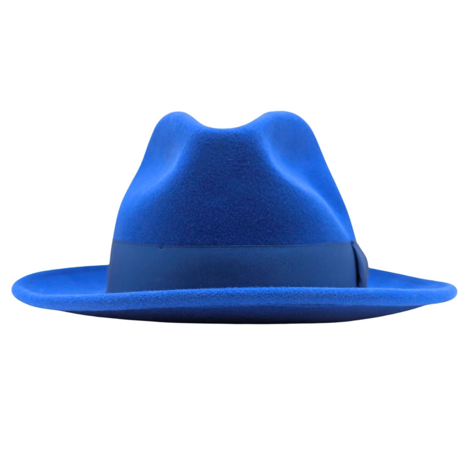 Royal blue wool felt fedora hat front view with pinched crown, matching ribbon band, and wide brim