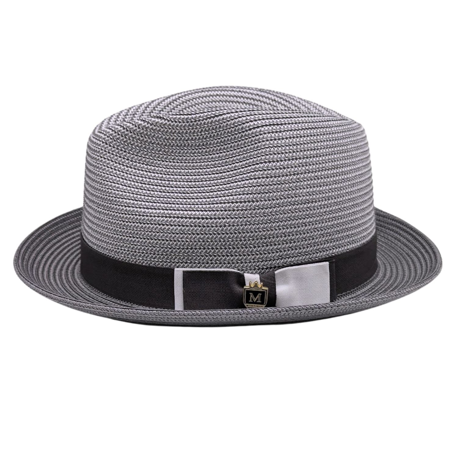 Grey Montique fedora hat side view with grey and white woven crown, grey band, and solid grey brim
