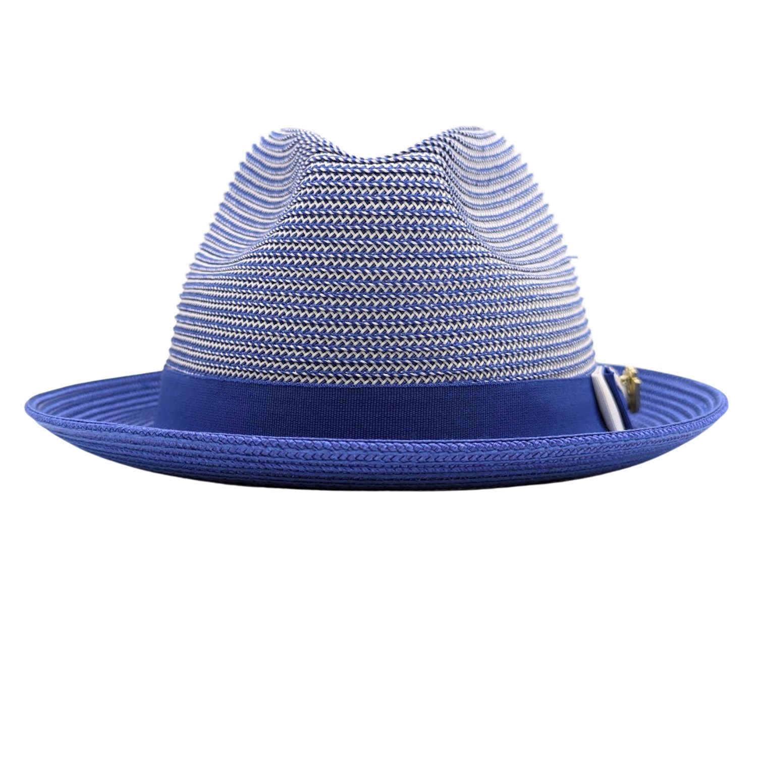 Royal blue Montique fedora hat front view with blue ribbon band, white bow accent, woven crown, and Montique logo pin