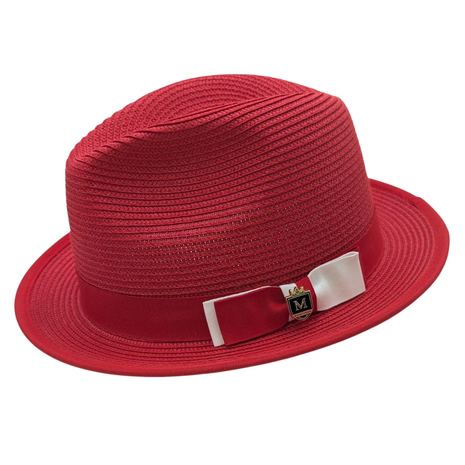 red straw fedora hat side view with red ribbon band