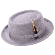 Grey Pork Pie Wool Felt Hat with Feather Accent by Montique