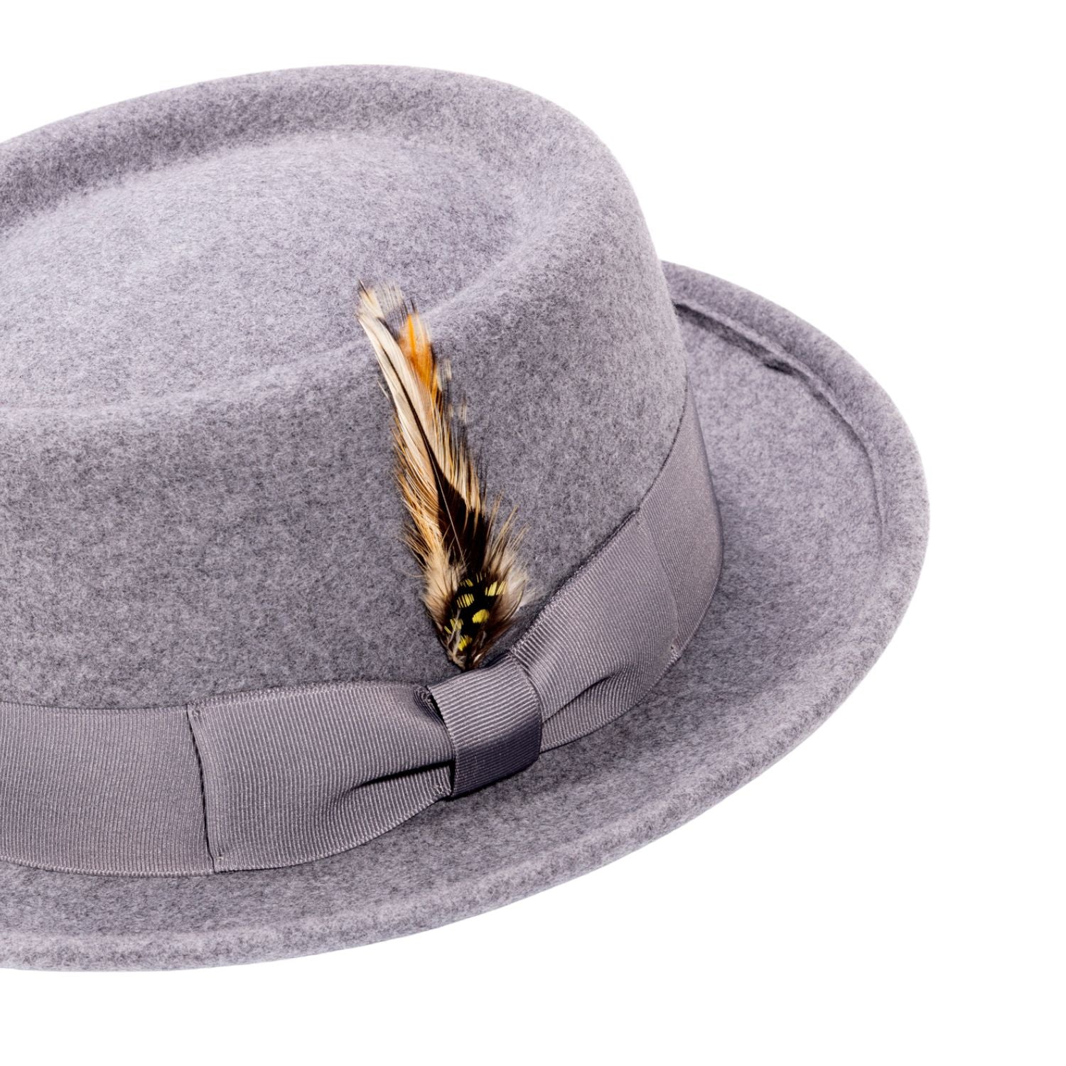 montique grey pork pie hat with short brim and structured crown