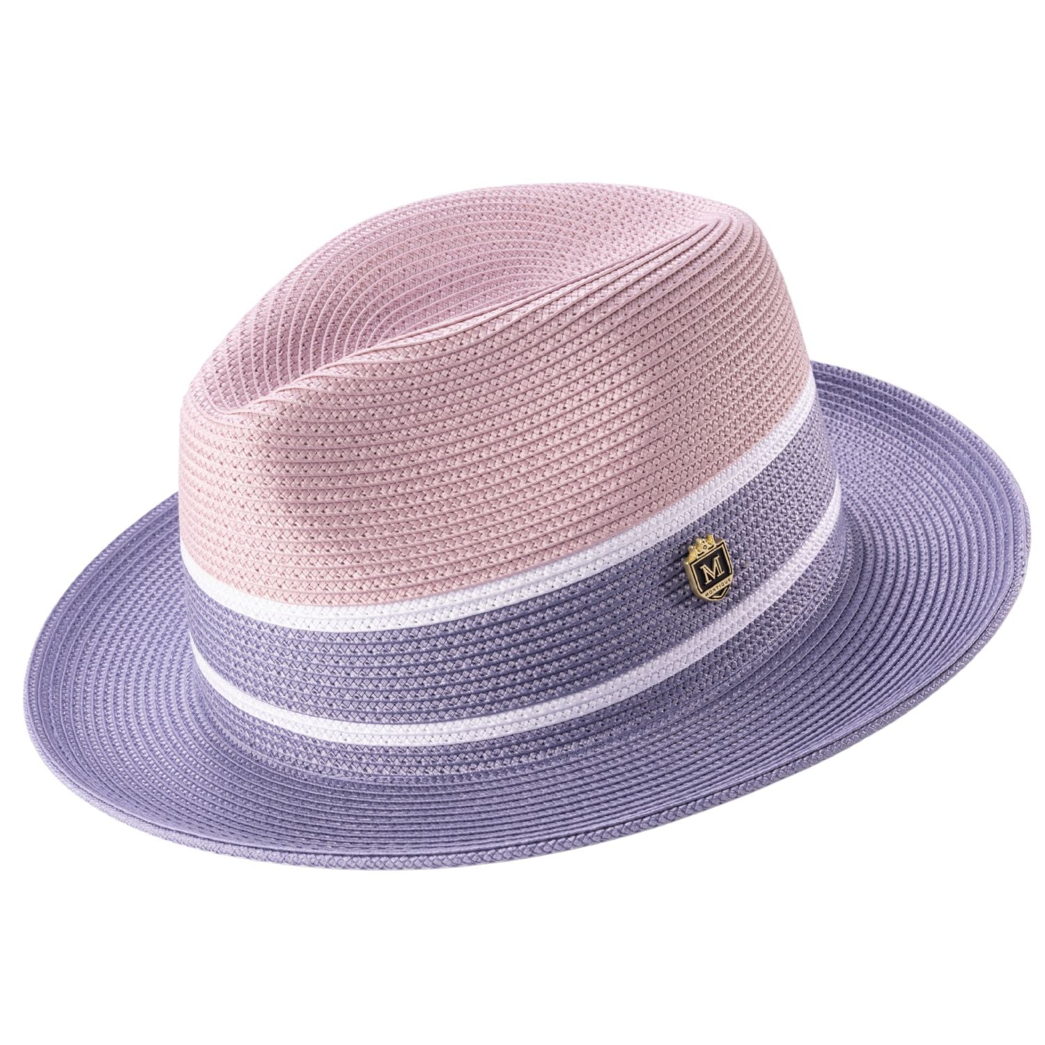 Gunmetal and mauve three-tone men's fedora hat with white stripe accents and signature Montique pin.