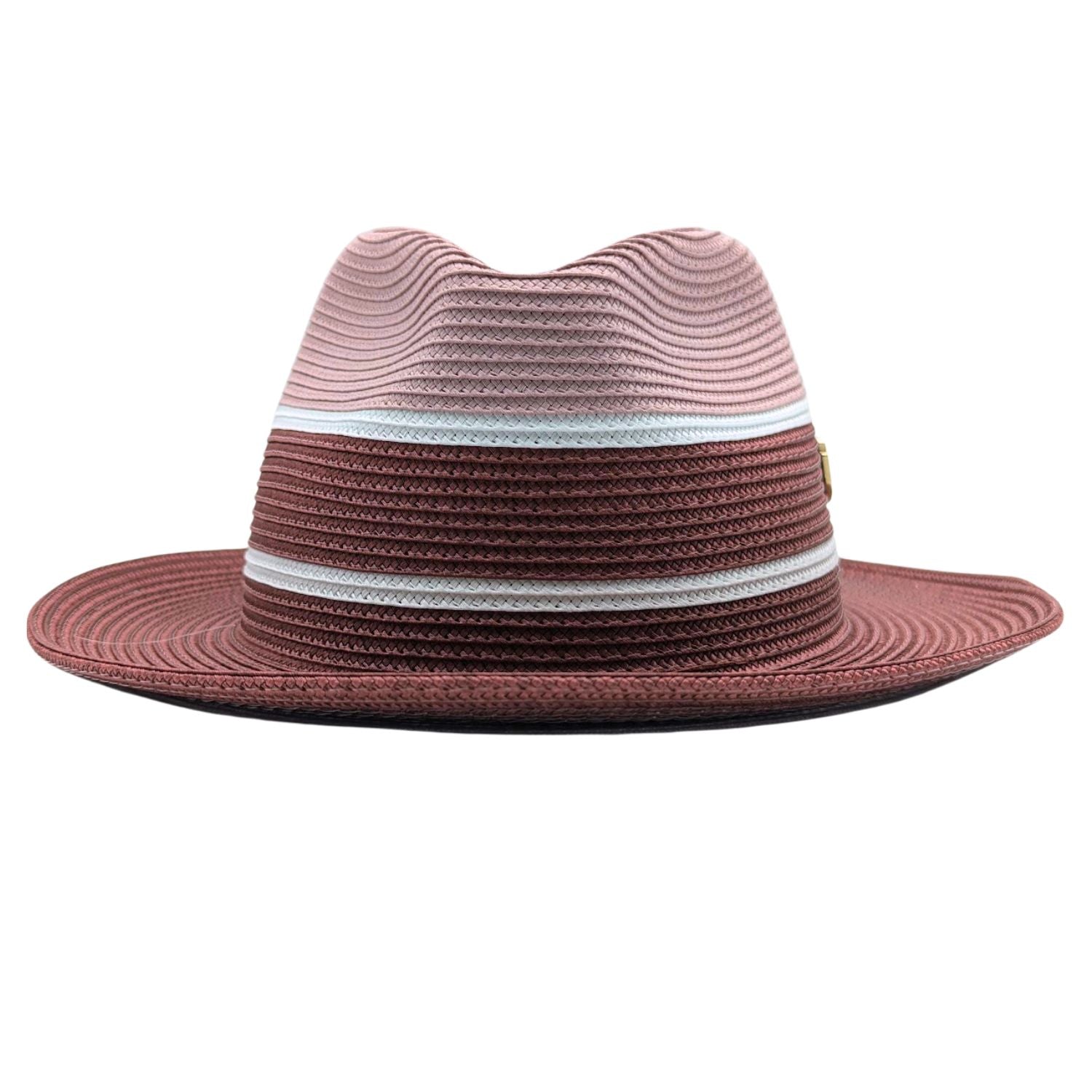 Blush and burgundy Montique fedora hat back view showing pinched crown, white accent stripe, and woven straw brim