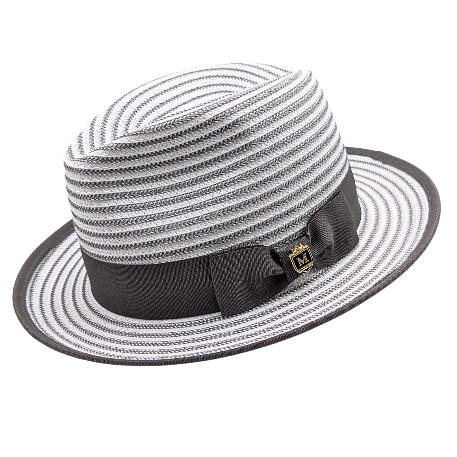 Grey Montique fedora angled view with white and grey striped woven crown, dark grey bow band, logo pin, and medium brim